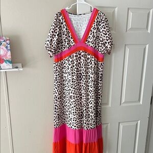 Leopard Print Maxi Dress with Pink and Red Accents